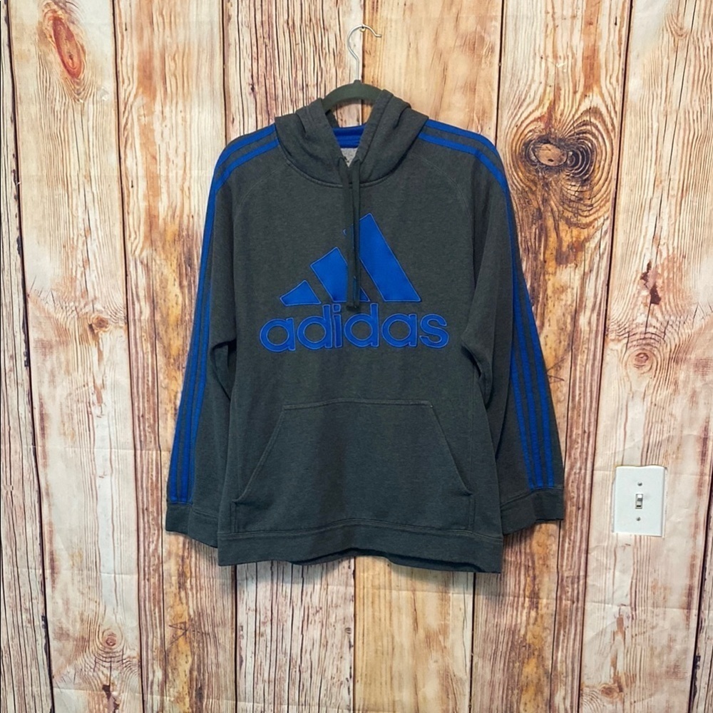 Adidas Gray and Blue Sweatshirt Fleece Hoodie Men Medium with Kangaroo Pocket